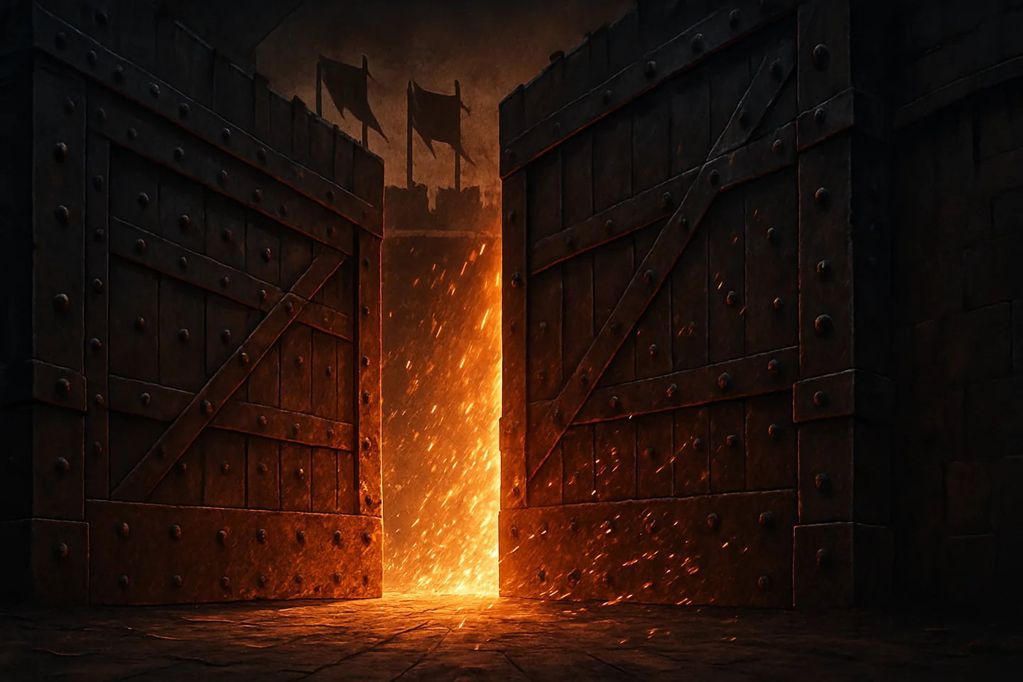 An iron arena gate opening into ember light
