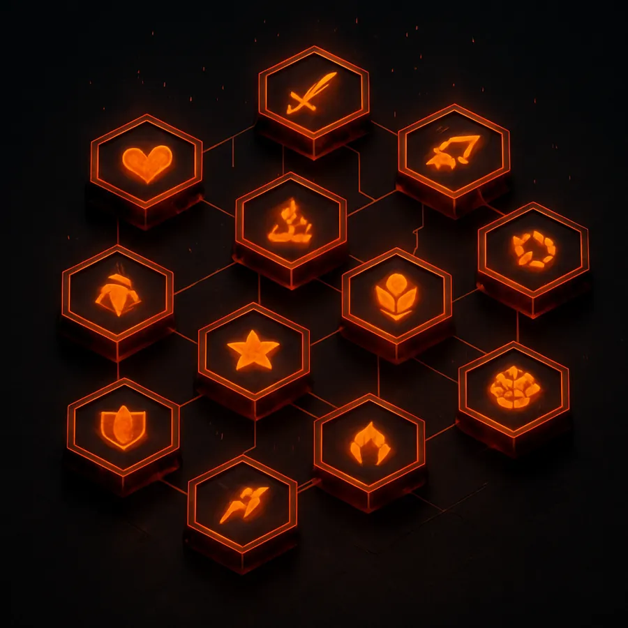 A glowing hexagonal perk matrix floating over dark steel