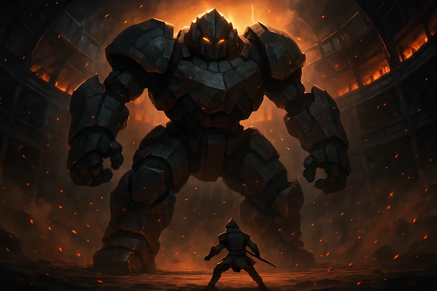A towering arena guardian above a lone challenger in a steel colosseum